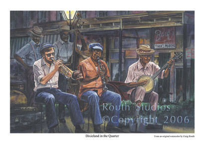 Craig Routh, Artist & Illustrator Scenic watercolor gallery - "Dixieland in the Quarter"